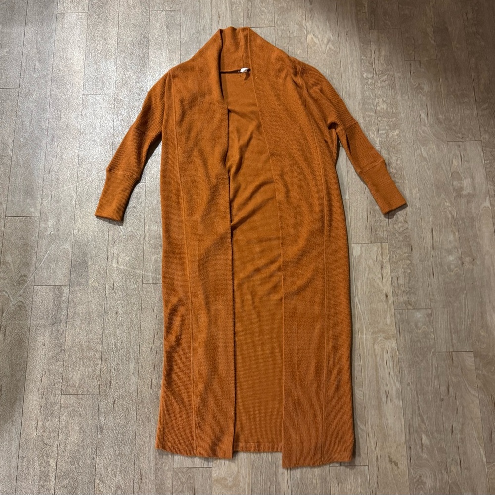 Free People Long Open-Front Cardigan in Rust Orange